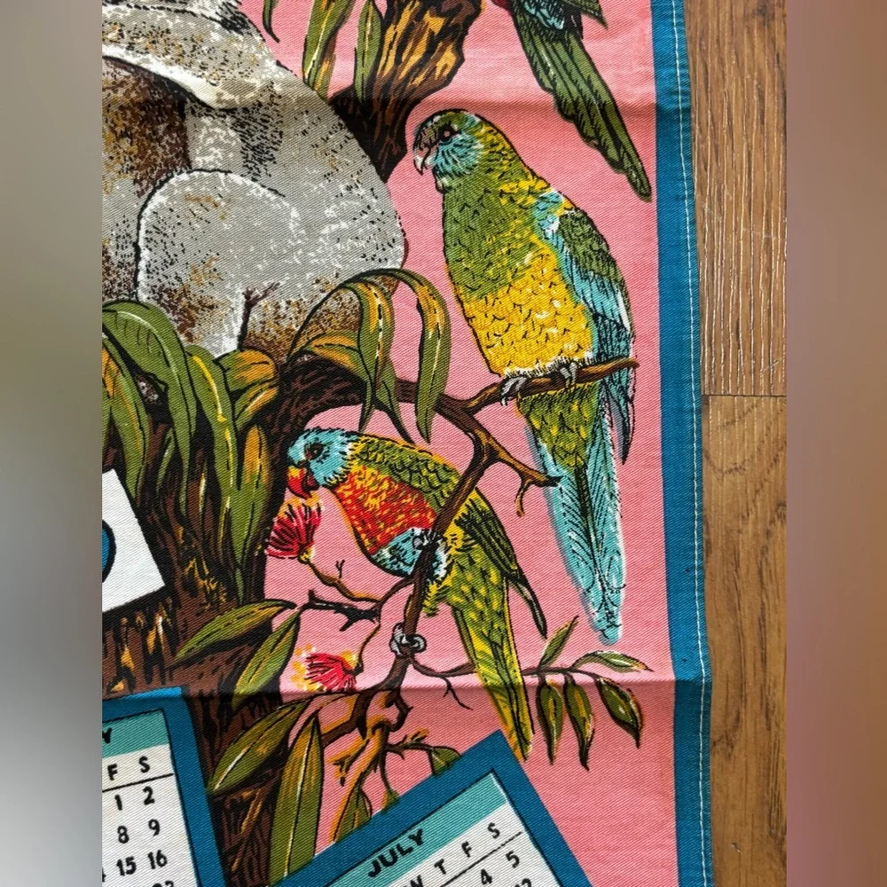 Vintage Pink Calendar Tea Towel 1980 Australia Cotton 28”x17.5” Koalas Birds